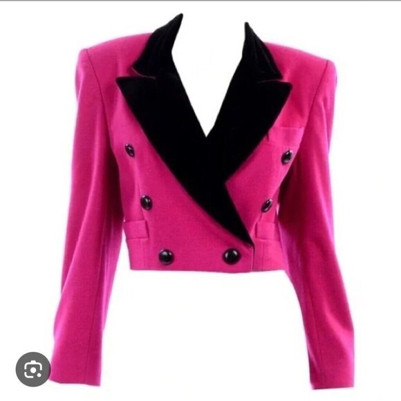 Escada Margaretha Ley Bright Pink Wool Short Blazer Jacket Black Velvet Trim 40 - Picture 1 of 8
